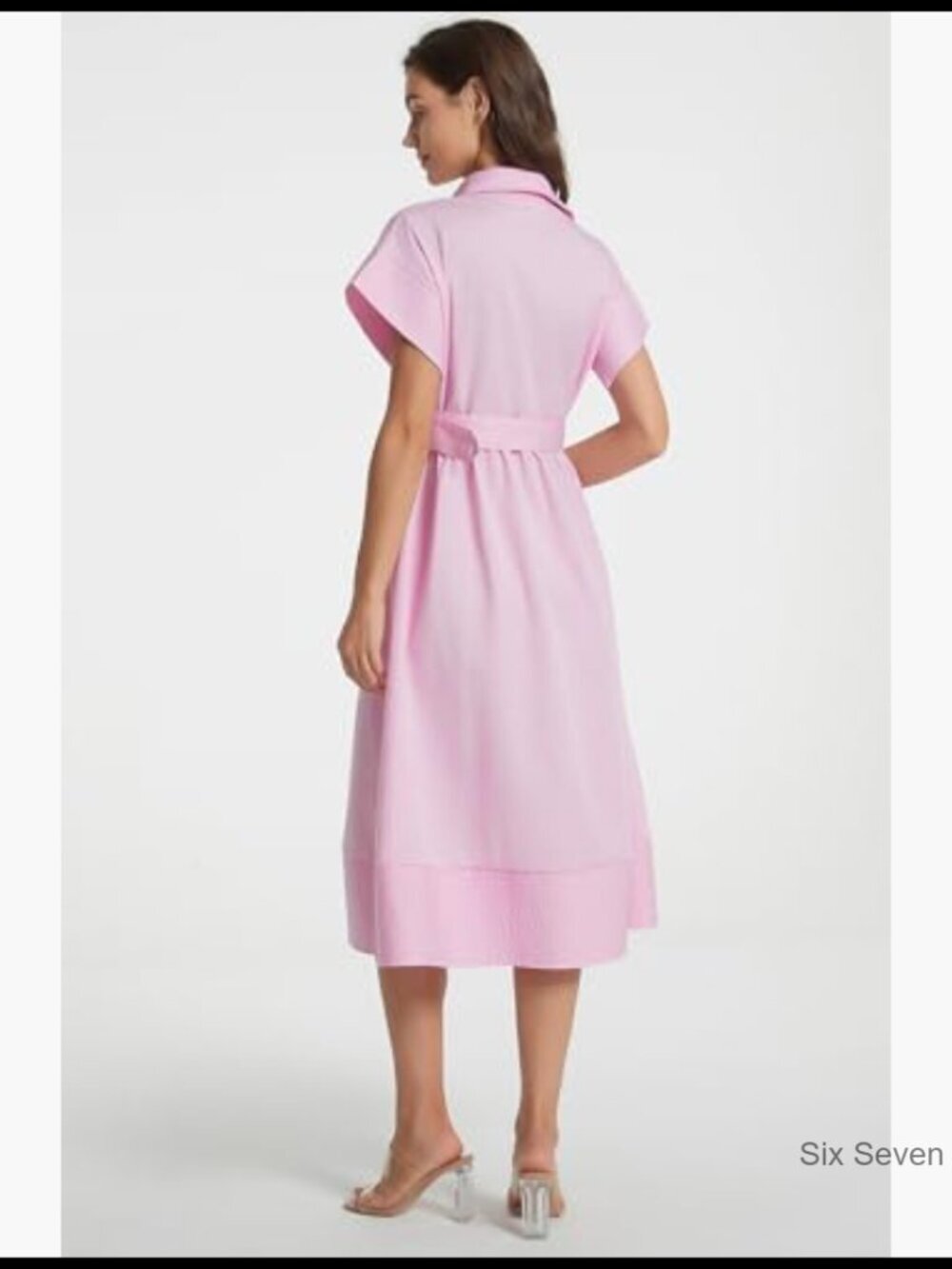 Polyester Cotton Button Down Shirt Dress with Belt Casual Midi Dress - Picture 3 of 7
